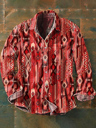 Men's Western Style Pattern Printed Casual Long Sleeve Lapel Shirt