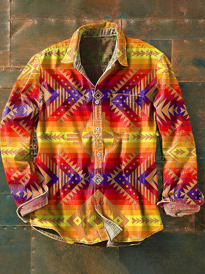 Men's Western Style Pattern Printed Casual Long Sleeve Lapel Shirt