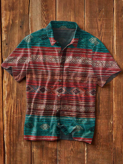 Men's Western Print Casual Short Sleeve Lapel Shirt