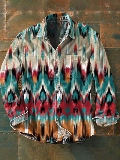 Men's Vintage Western Pattern Print Casual Long Sleeve Lapel Shirt