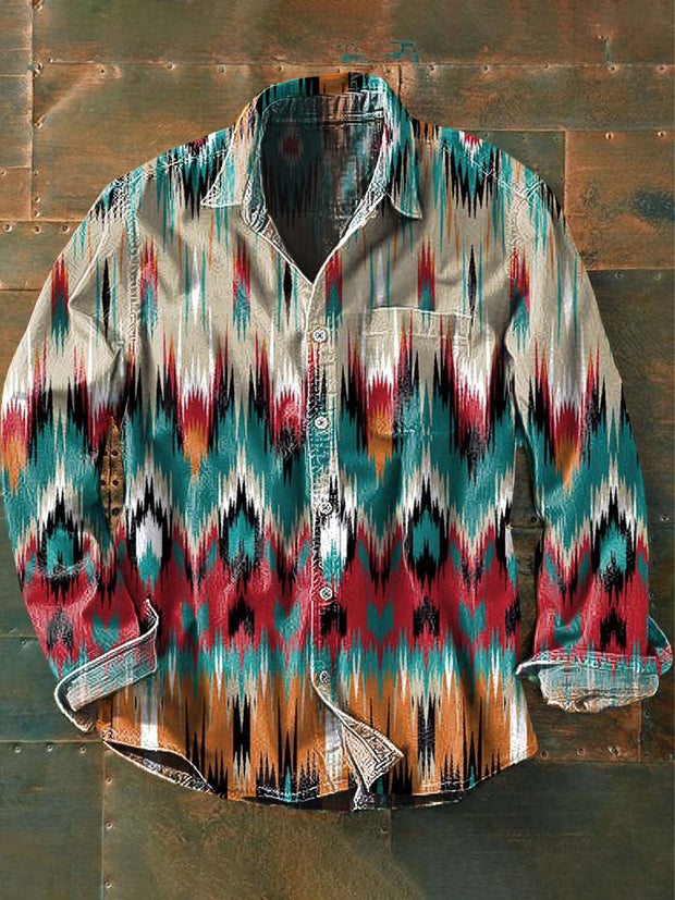 Men's Vintage Western Pattern Print Casual Long Sleeve Lapel Shirt
