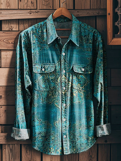 Men's Vintage Ethnic Floral Pattern Workwear Pocket Long Sleeve Shirt