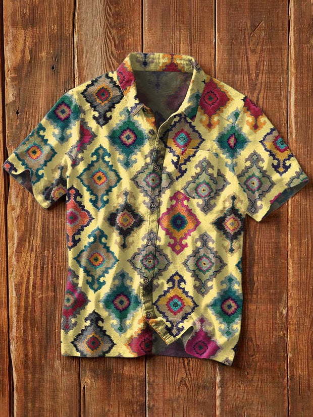 Men's Western Print Casual Short Sleeve Lapel Shirt