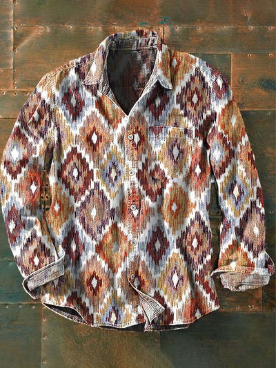 Men's Vintage Western Pattern Print Casual Long Sleeve Lapel Shirt