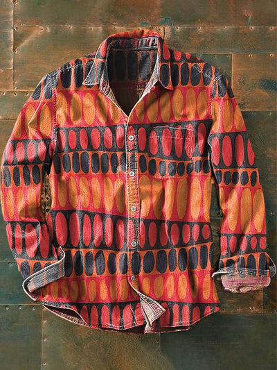 Men's Vintage Abstract Pattern Printed Casual Long Sleeve Lapel Shirt