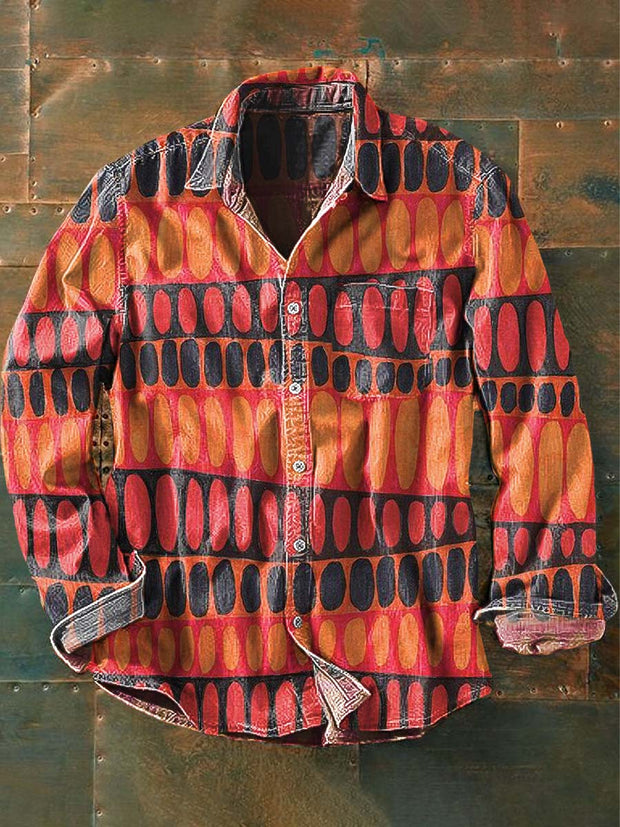 Men's Vintage Abstract Pattern Printed Casual Long Sleeve Lapel Shirt