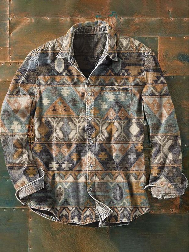 Men's Vintage Western Pattern Print Casual Long Sleeve Lapel Shirt