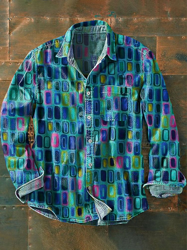 Men's Vintage Colorful Abstract Geometric Art Print Long Sleeve Pocket Shirt