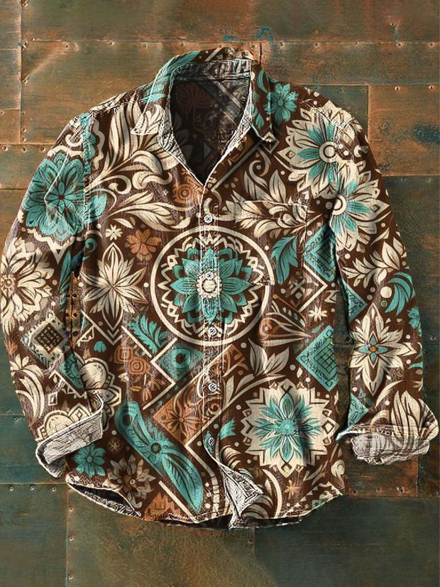 Men's Western Floral Print Casual Long Sleeve Lapel Shirt