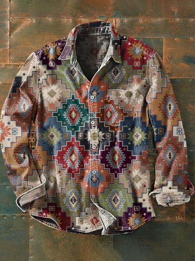 Men's Western Printed Casual Long Sleeve Lapel Shirt