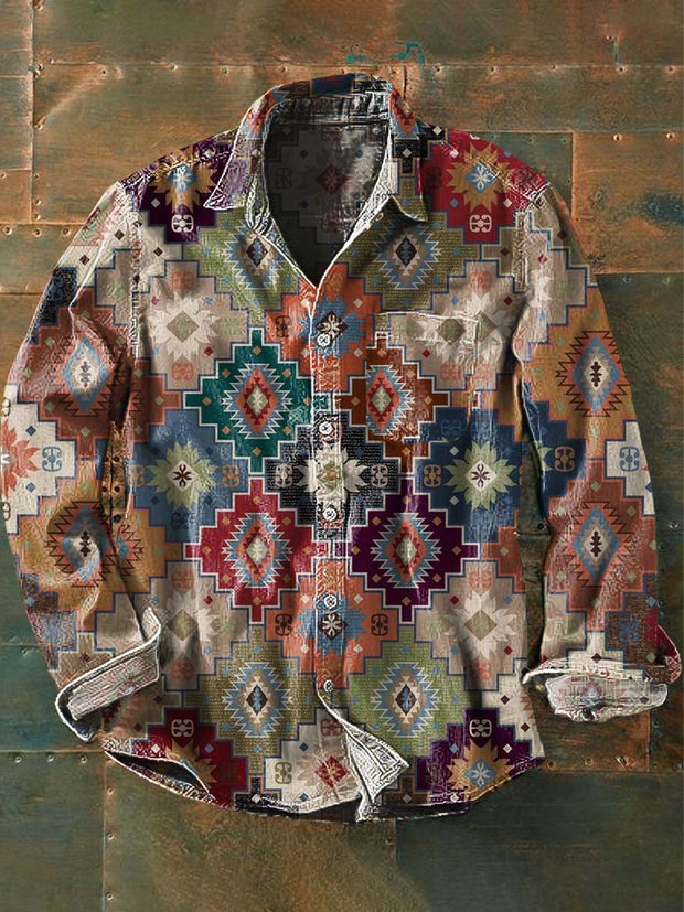 Men's Western Printed Casual Long Sleeve Lapel Shirt