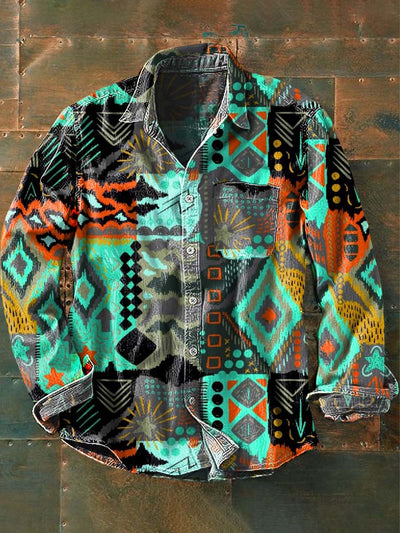 Men's Vintage Western Pattern Print Casual Long Sleeve Lapel Shirt