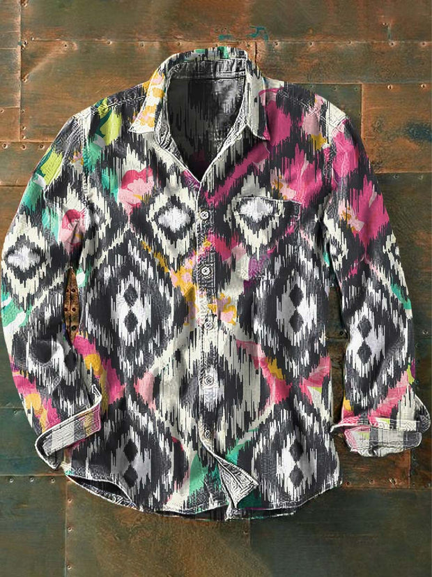 Men's Western Printed Casual Long Sleeve Lapel Shirt