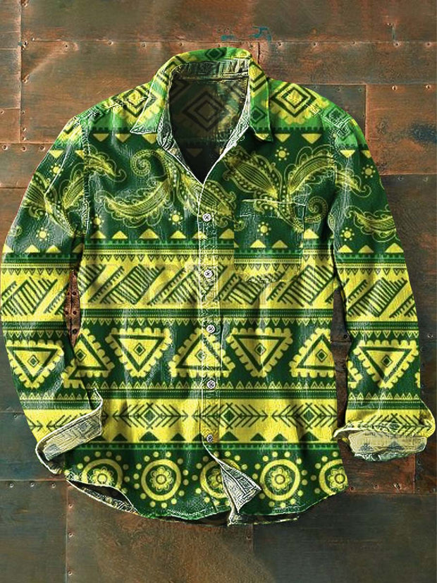 Men's Vintage Western Pattern Print Casual Long Sleeve Lapel Shirt