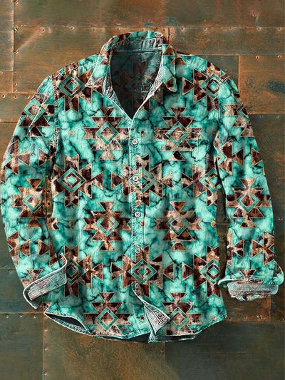 Men's Western Printed Casual Long Sleeve Lapel Shirt