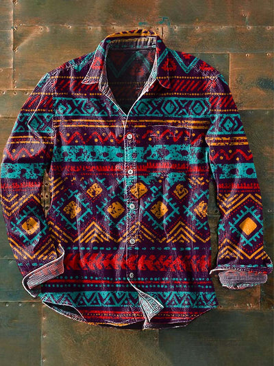 Men's Western Style Pattern Printed Casual Long Sleeve Lapel Shirt