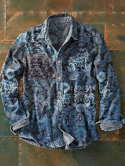 Men's Vintage Gradient Floral Art Print Long Sleeve Pocket Shirt