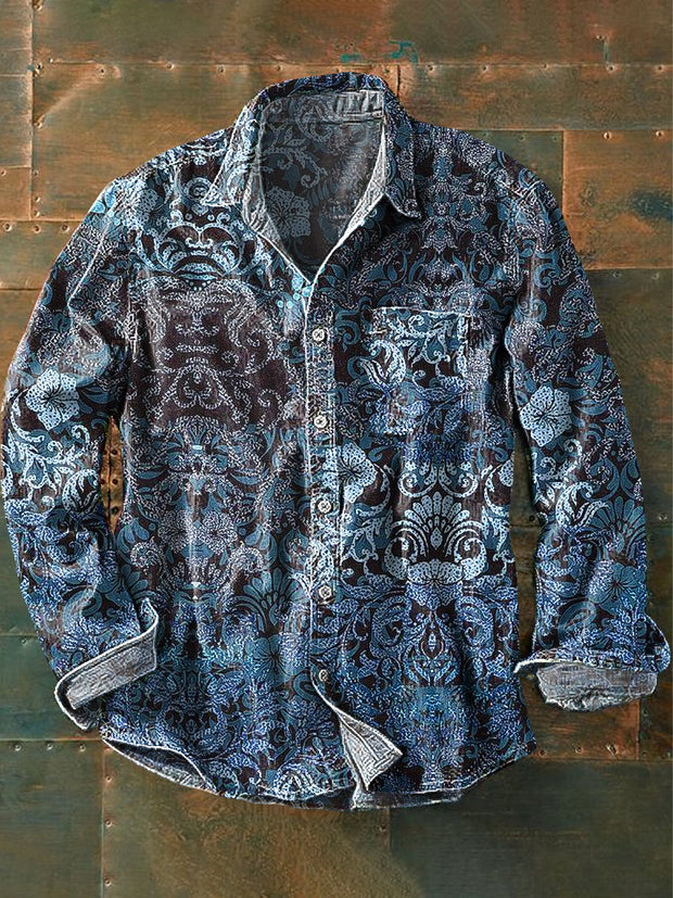Men's Vintage Gradient Floral Art Print Long Sleeve Pocket Shirt