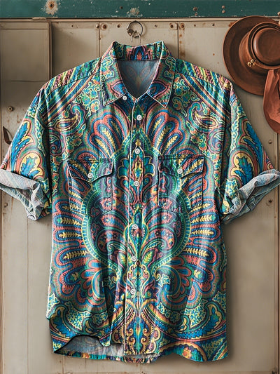 Men's Vintage Western Symmetrical Floral Pattern Short Sleeve Pocket Shirt