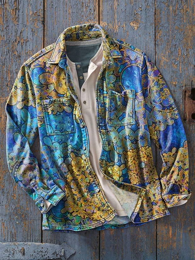 Men's Vintage Abstract Baroque Floral Art Print Soft Long Sleeve Pocket Shirt