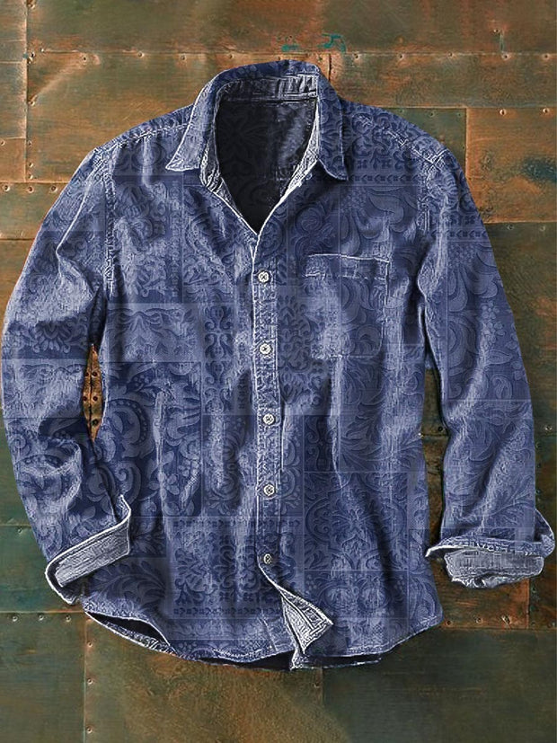 Men's Retro Ethnic Printed Casual Long Sleeve Lapel Shirt