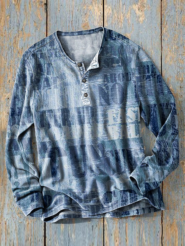 Men's Vintage Abstract Alphabet Art Print Long Sleeve Henley Shirt