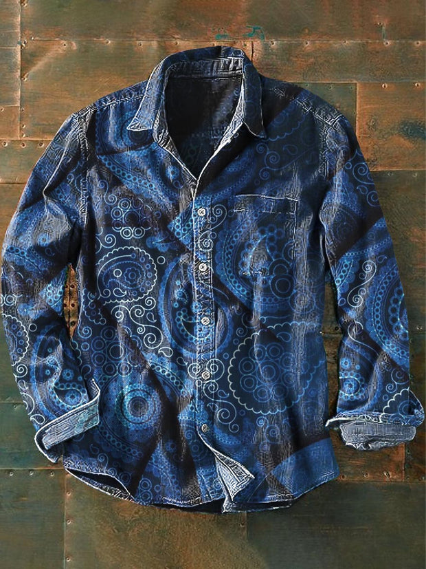 Men's Vintage Cashew Flower Print Casual Long Sleeve Lapel Shirt
