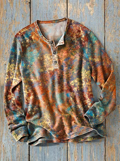 Men's Vintage Abstract Color Swoosh Art Print Long Sleeve Henley Shirt