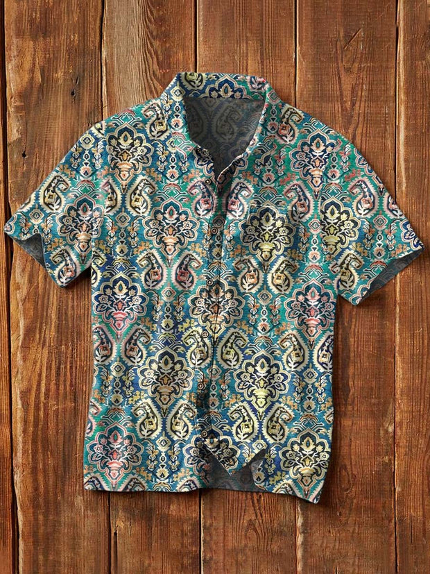 Men's Retro Floral Printed Casual Short Sleeve Lapel Shirt