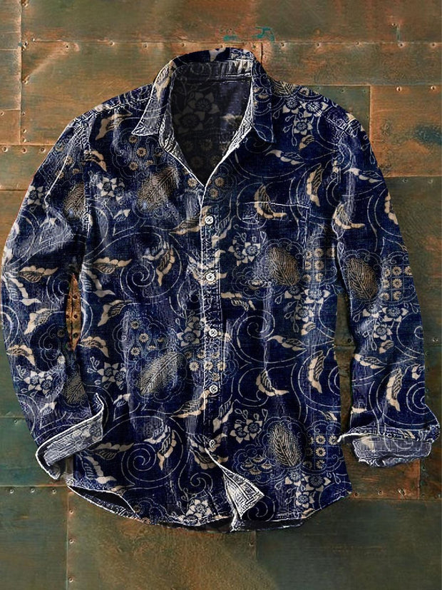 Men's Retro Floral Print Casual Long Sleeve Lapel Shirt