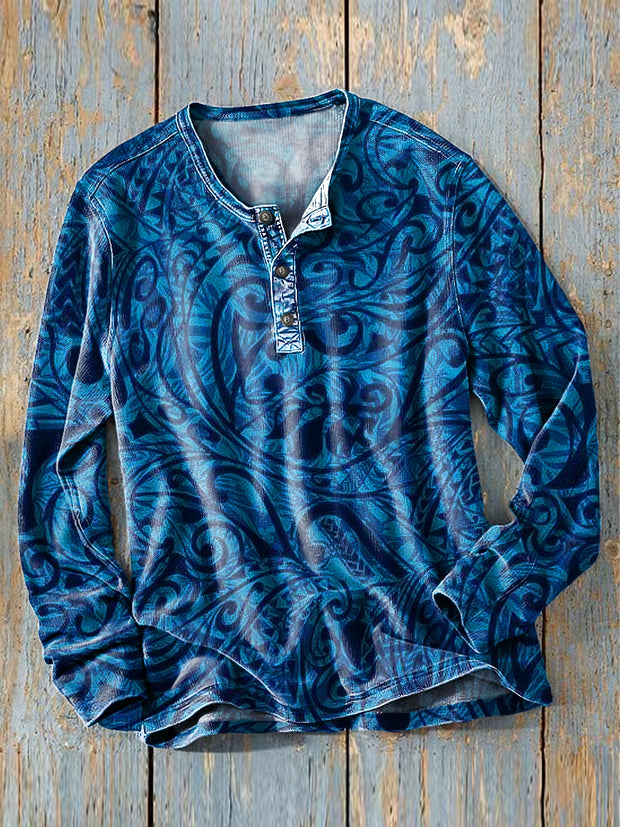 Men's Vintage Abstract Line Floral Art Print Pattern Long Sleeve Henley Shirt
