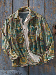 Men's Vintage Geometric Circle Art Print Soft Long Sleeve Pocket Shirt