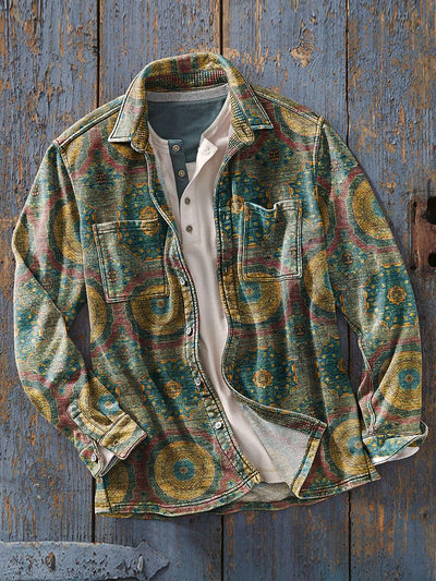 Men's Vintage Geometric Circle Art Print Soft Long Sleeve Pocket Shirt