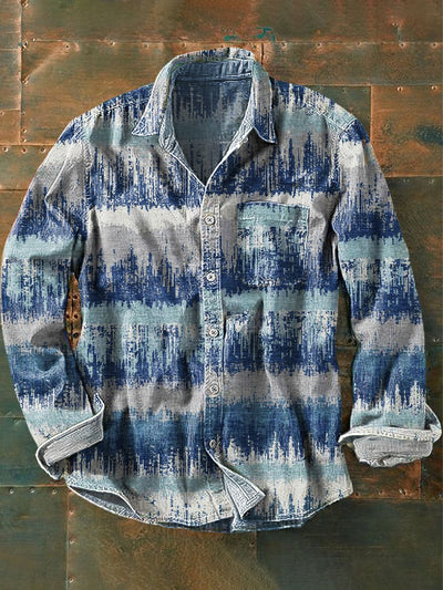 Men's Vintage Abstract Stripe Pattern Long Sleeve Pocket Shirt