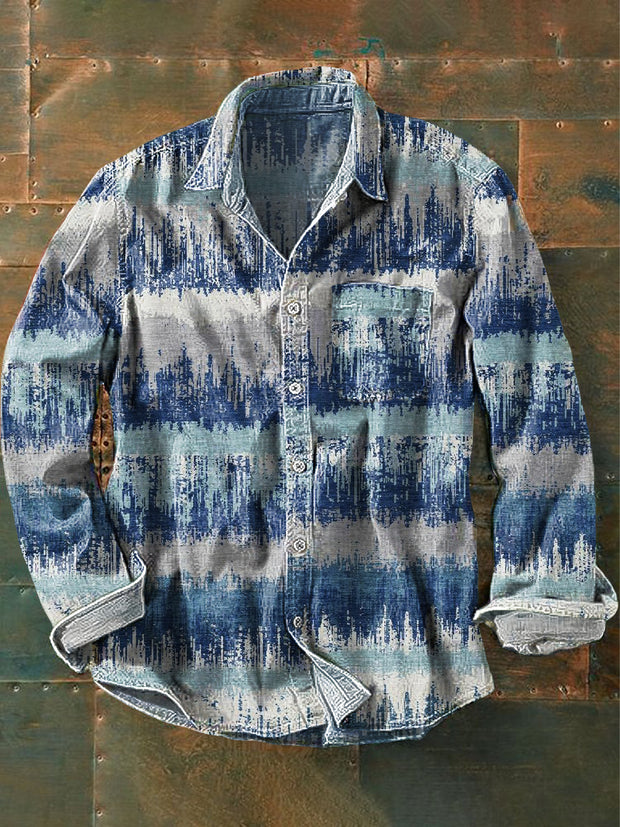 Men's Vintage Abstract Stripe Pattern Long Sleeve Pocket Shirt