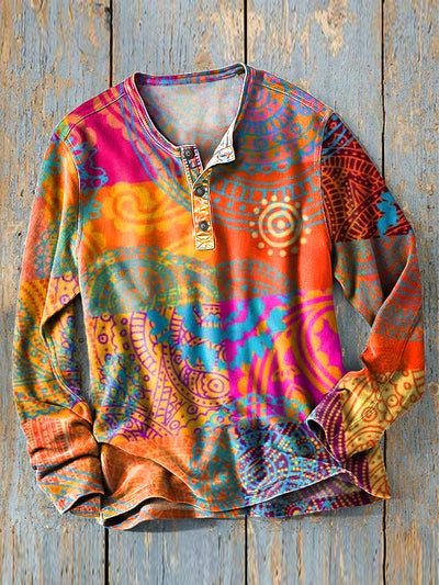 Men's Vintage Colorful Ethnic Geometric Art Print Pattern Long Sleeve Henley Shirt