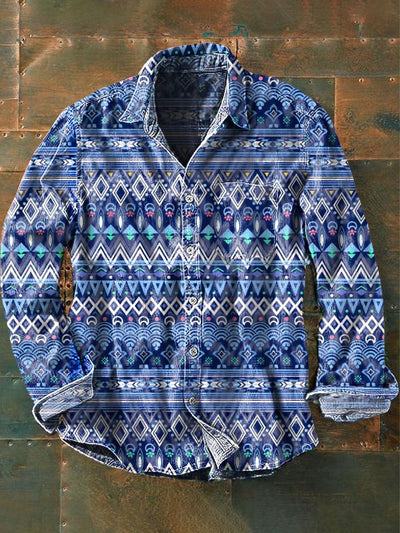 Men's Western Printed Casual Long Sleeve Lapel Shirt