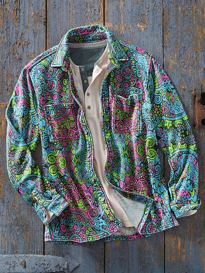 Men's Vintage Symmetrical Floral Art Print Soft Long Sleeve Pocket Shirt
