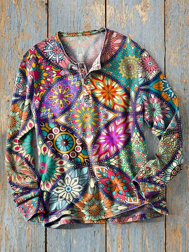 Men's Vintage Colorful Mandala Art Print Pattern Long Sleeve Henley Shirt