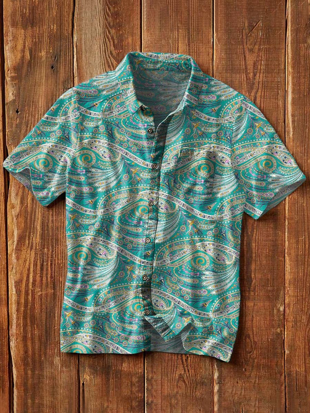 Men's Retro Ethnic Printed Casual Short Sleeve Lapel Shirt