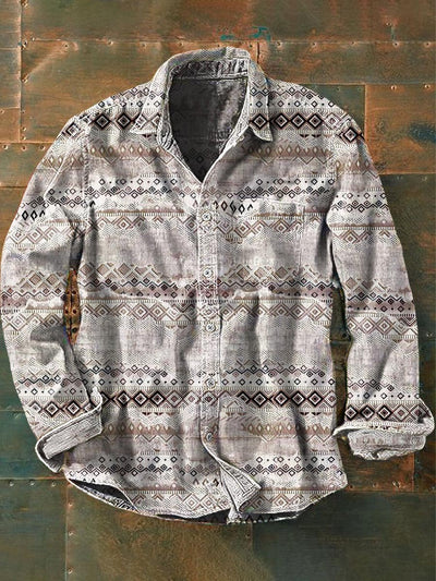 Men's Western Printed Casual Long Sleeve Lapel Shirt