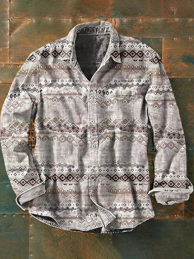 Men's Western Printed Casual Long Sleeve Lapel Shirt