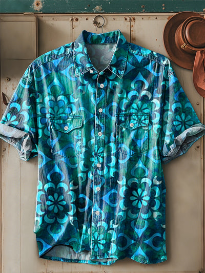 Men's Vintage Abstract Floral Pattern Short Sleeve Pocket Shirt