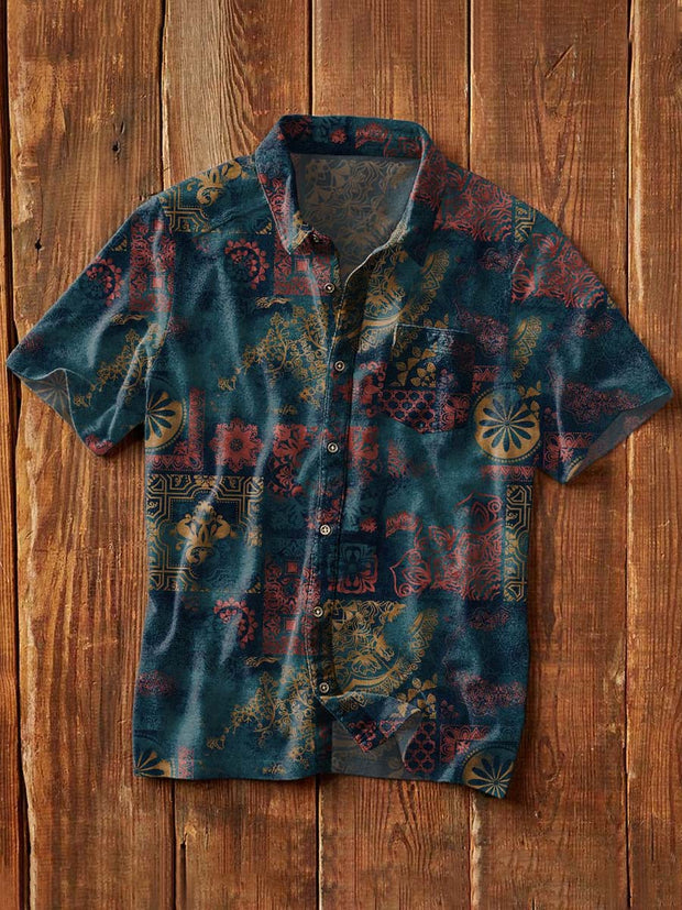 Men's Retro Ethnic Printed Casual Short Sleeve Lapel Shirt