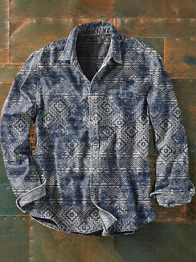 Men's Western Printed Casual Long Sleeve Lapel Shirt