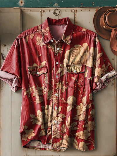 Men's Vintage Abstract Gold Floral Short Sleeve Pocket Shirt