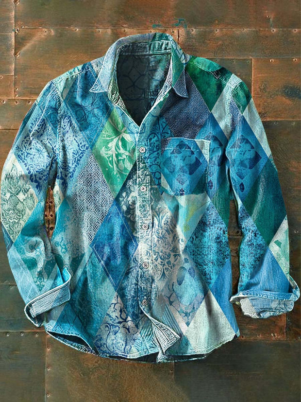 Men's Retro Abstract Floral Print Casual Long Sleeve Lapel Shirt