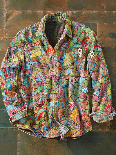 Men's Retro Abstract Print Casual Long Sleeve Lapel Shirt