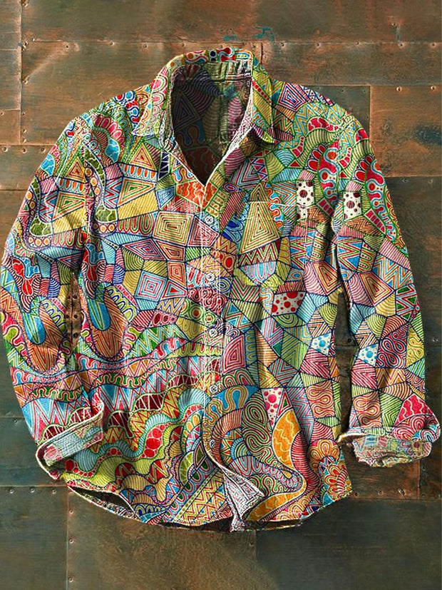 Men's Retro Abstract Print Casual Long Sleeve Lapel Shirt