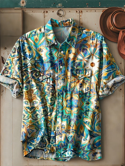 Men's Vintage Colorful Geometric Mandala Pattern Short Sleeve Pocket Shirt